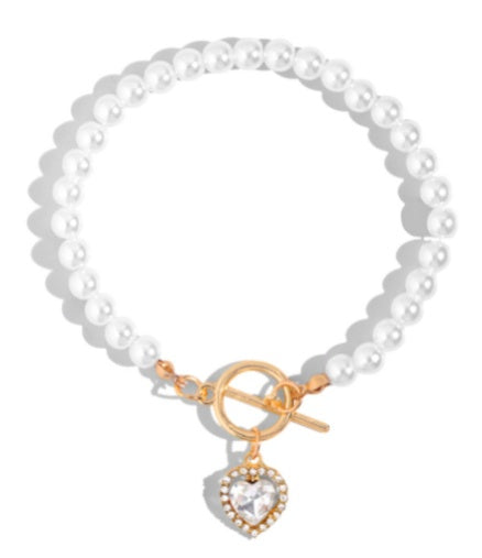 Red Crystal Heart Pendant Pearl Beaded Bracelet